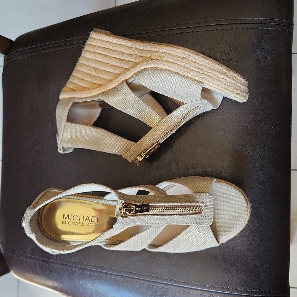 Michael Kors MK Espadrille/Linen Platform Wedge Zip Sandals